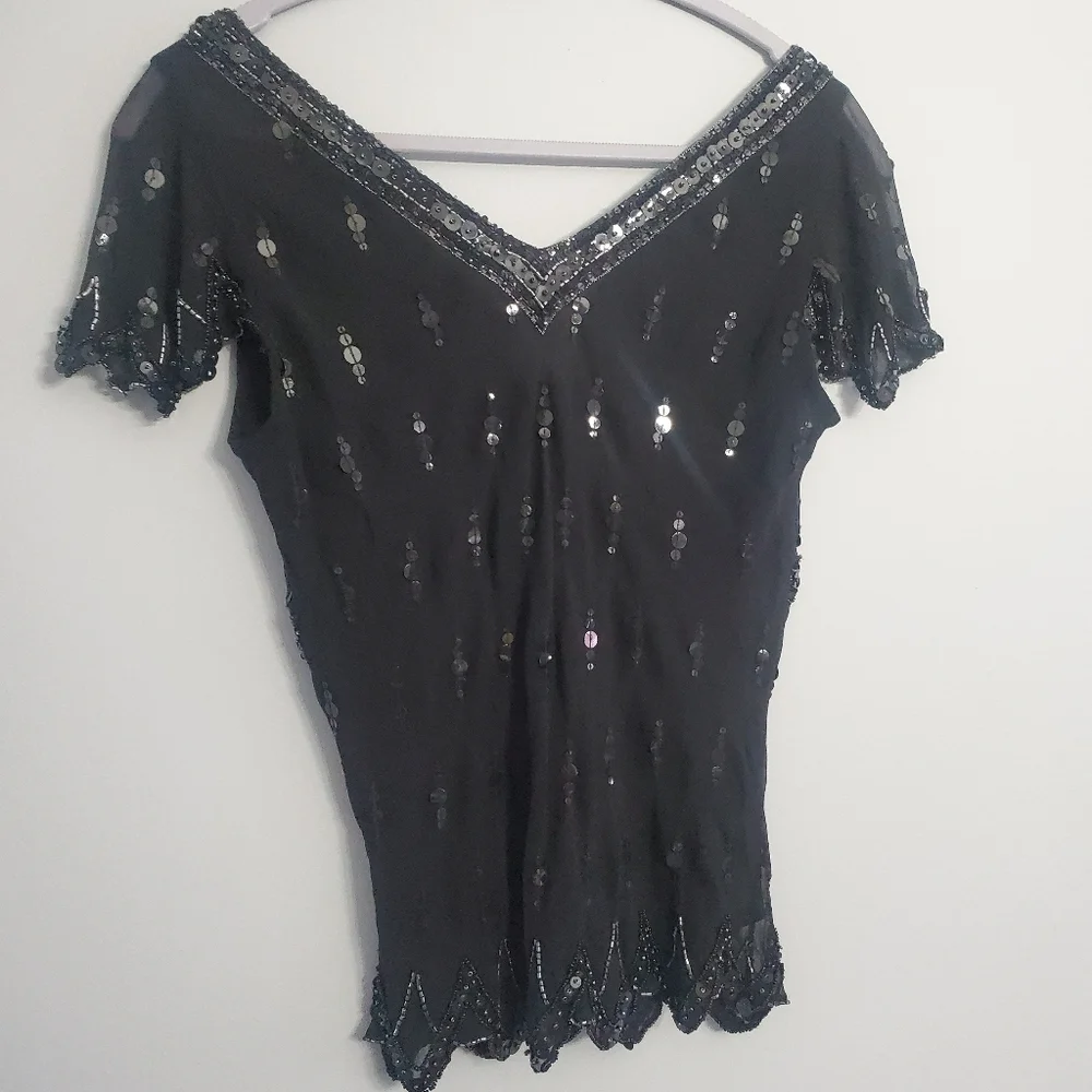 Papell Boutique Vintage Flapper Evening Blouse Silk Black Sequin Embellished  S - Picture 8 of 14